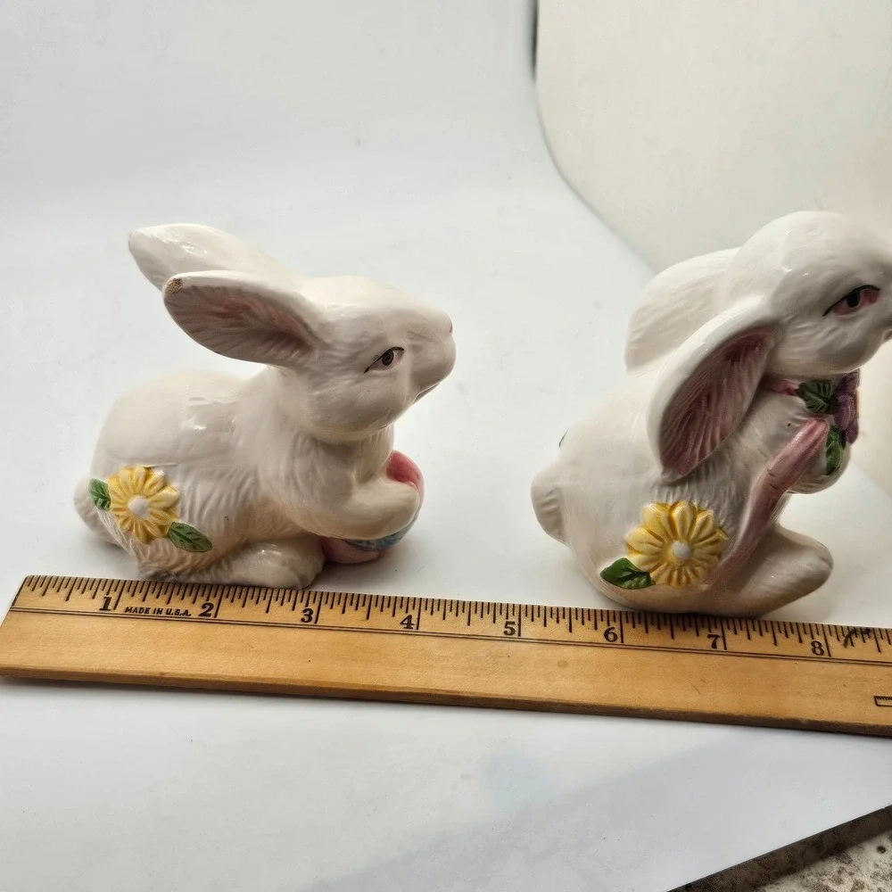 Vintage Ceramic Easter Bunny Rabbit Figurine Set White Floral Decor Pair